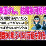 【2chまとめ】日本国さん、結婚氷河期時代、婚姻数90年ぶり50万組を割るwww【ゆっくり】